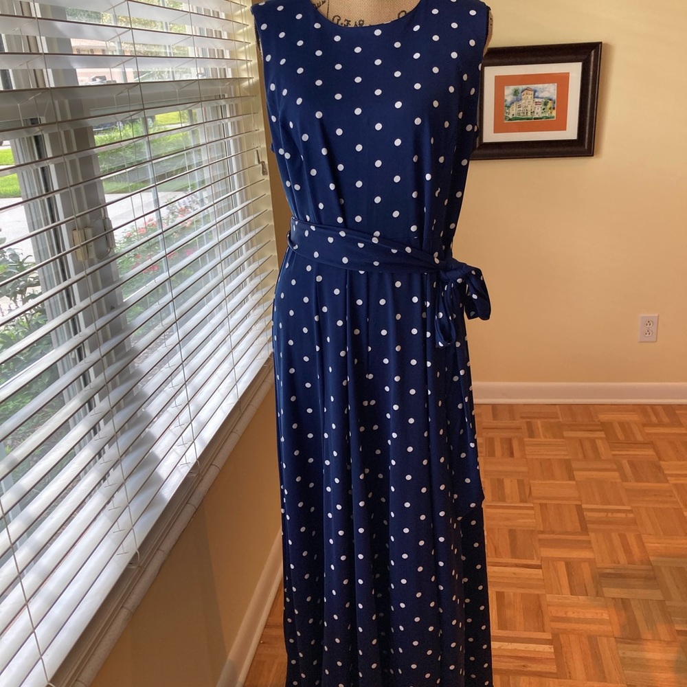 Navy blue and white polka dot dress